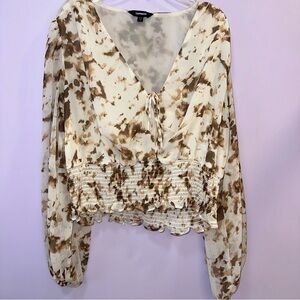 Express Ivory/Brown Patterned Long Sleeve Tie-Front Blouse